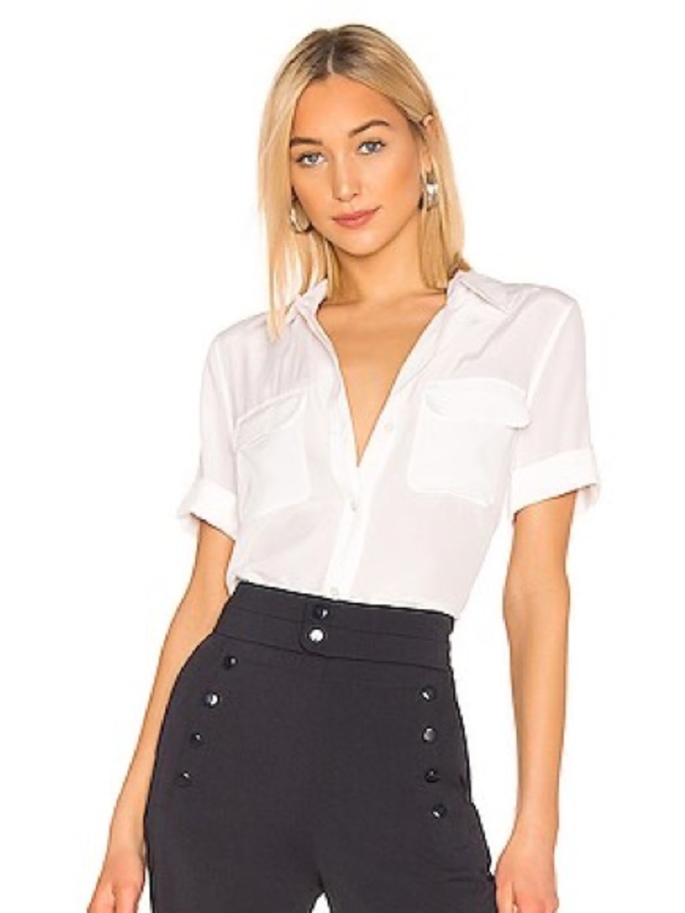 Equipment 100% Silk Slim Signature Short Sleeve Blouse Small Flap Pockets